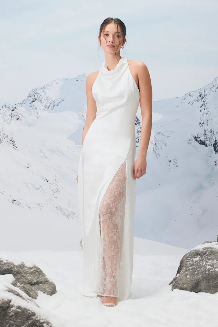 Concetta Ivory Satin Lace Halter Maxi Dress | Lulus