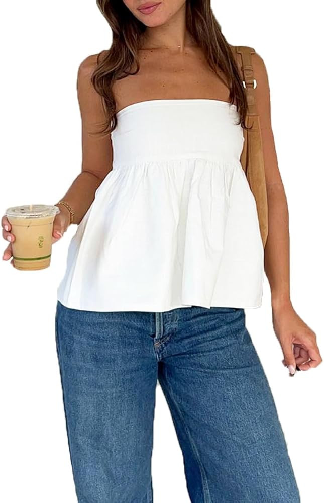 Bocymolay Women Strapless Peplum Top Ruffle Hem Tube Bandeau Top Backless Sleeveless Tank Top Sum... | Amazon (US)