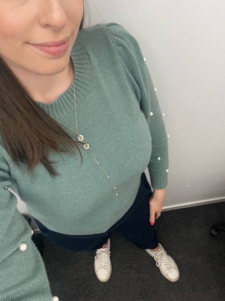 Casual Friday, office style, workwear, office outfit, spring workwear, spring outfit, green sweater, leather sneakers, white leather sneakers, white tennis shoes, pearl necklace 

#LTKFindsUnder50 #LTKWorkwear #LTKSeasonal