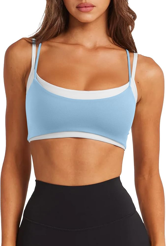 LASLULU Womens Double Layered Sports Bra Adjustable Spaghetti Straps Sexy Scoop Neck Wireless Pad... | Amazon (US)