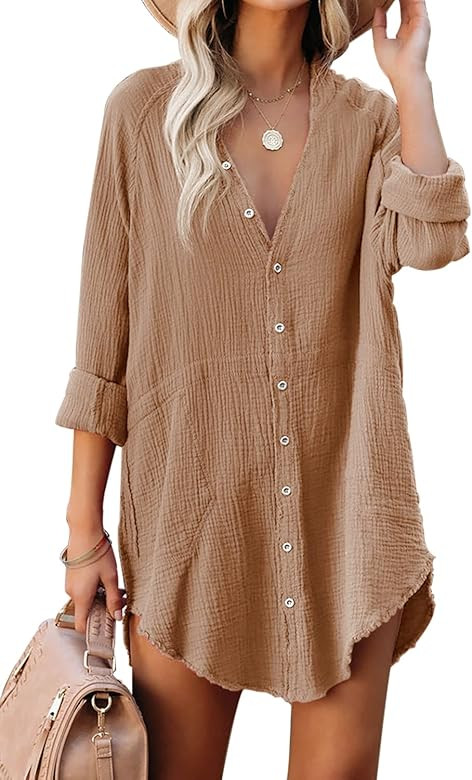Kalssior Womens Beach Swimsuit Cover Ups Button Down Shirt Bathing Suit Coverup Loose Fit Casual Sum | Amazon (US)