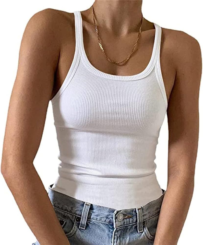 MIRALUNA Women's Sleeveless Ribbed Tank Tops Scoop Neck Slim Fit Knit Solid Color Basic Cami Shirts | Amazon (US)