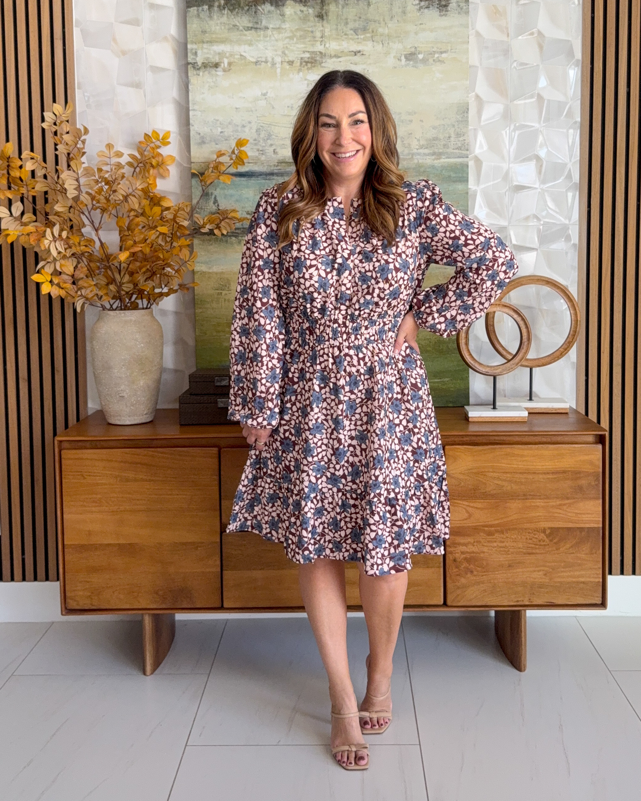 Love the softer blue and brown tones in this floral! 💙🤎 Such a pretty change from traditional fall colors. #falldress #fallstyle

#LTKSeasonal #LTKOver40 #LTKMidsize