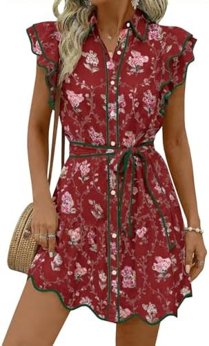 Wenrine Womens Summer Button Down Shirt Dress Casual Collar V Neck Floral Ruffle Sleeve Boho Beac... | Amazon (US)