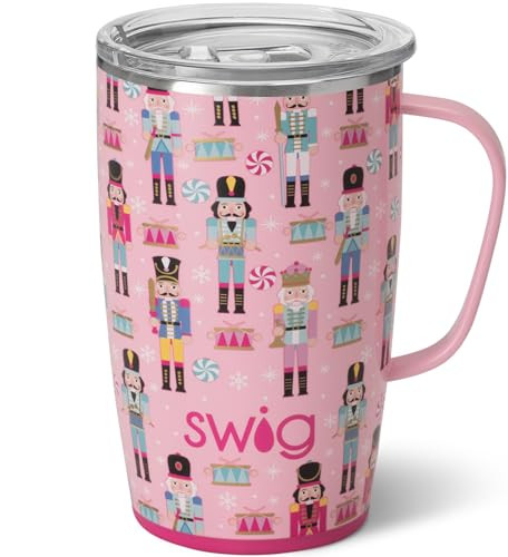 Swig Life 18oz Travel Mug, Insulated Tumbler with Handle and Lid, Travel Coffee Mug, Cup Holder Friendly Travel Mug, Stainless Steel 18 oz Tumbler, Reusable Insulated Tumbler (Pink Nutcracker) | Amazon (US)