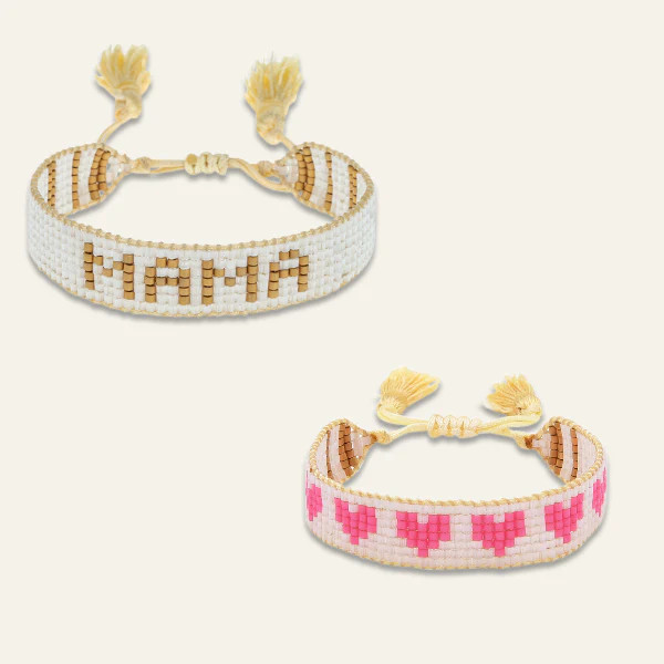 Mini & Me: Small White & Gold MAMA + Pink Kids Hearts Beaded Bracelet Set | HART