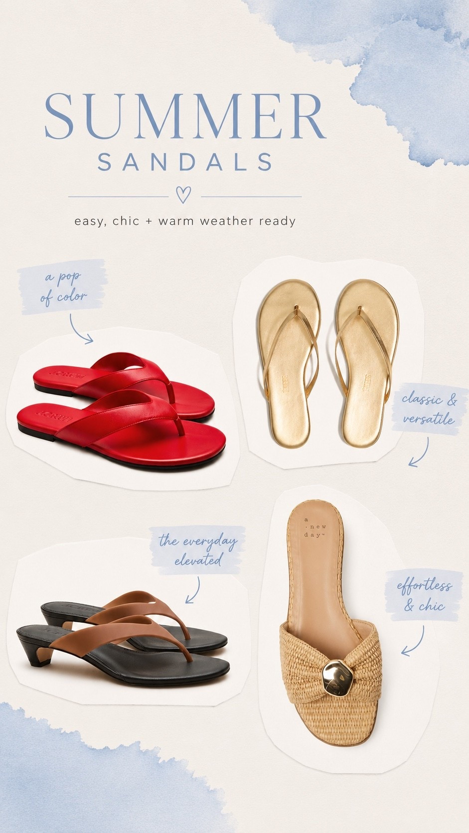 The sandals that will carry your summer wardrobe ☀️ From bold statement flip flops to metallic essentials and chic woven slides, these are the pairs you’ll reach for on repeat. Easy to dress up, effortless to style, and perfect for vacations, brunch, beach days, and summer nights.

Save this roundup for your next shoe refresh because these styles won’t stay in stock for long.

[summer sandals, women’s sandals, flip flops, leather sandals, gold sandals, red sandals, woven slides, kitten heel sandals, vacation shoes, beach sandals, resort wear, summer fashion, capsule wardrobe, everyday sandals, comfortable sandals, chic summer style, LTK fashion, trending sandals]

#LTKOver40
