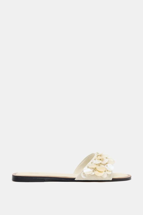 FLAT SANDALS WITH PEARLESCENT PIECES | Zara US