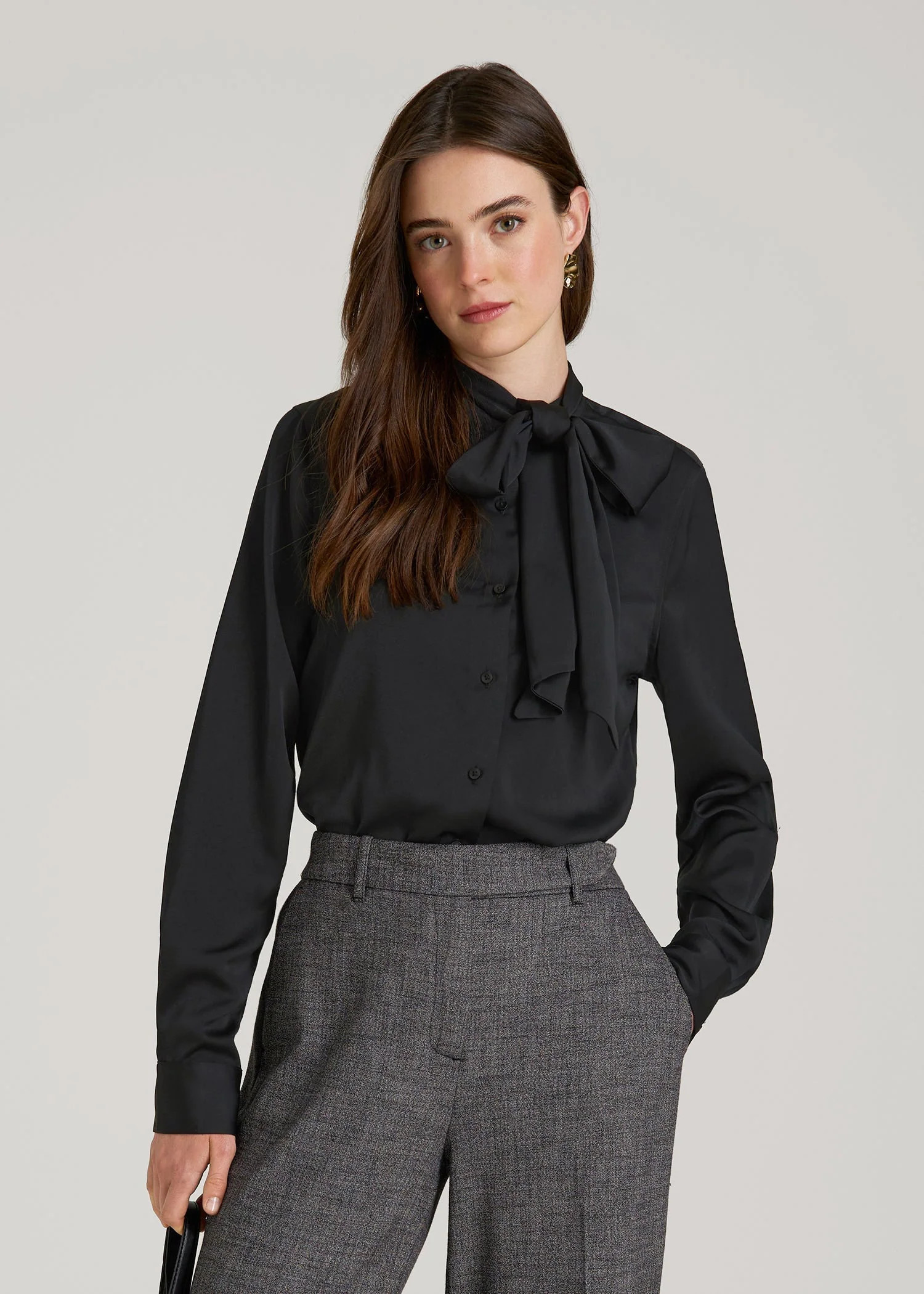 Satin Blouse With Bow for Tall Women in Black | American Tall