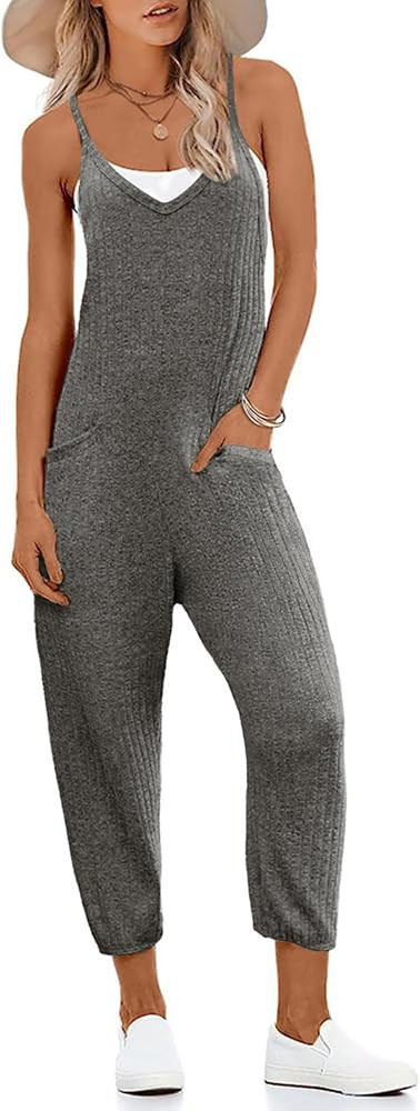Ekouaer Jumpsuits for Women Sleeveless Spaghetti Strap Ribbed Overall Jumpsuit V Neck Summer Romp... | Amazon (US)