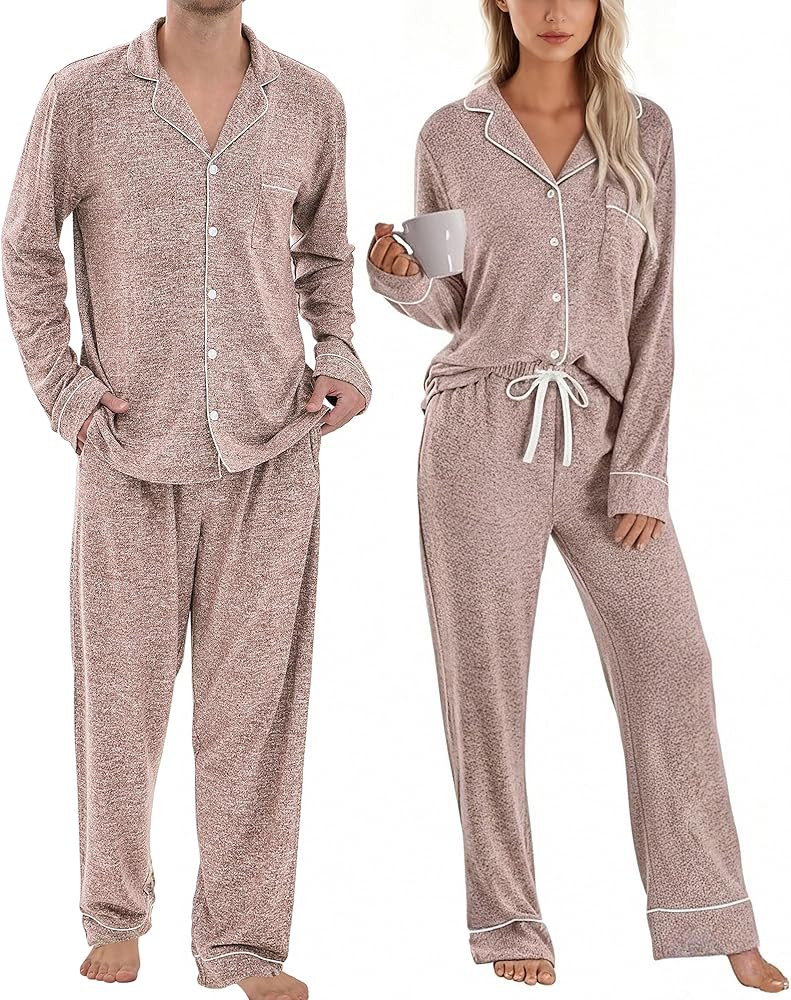 Matching Pajamas for Couples, Button Down Loungewear Soft Warm Long Sleeve Sleepwear His and Hers... | Amazon (US)