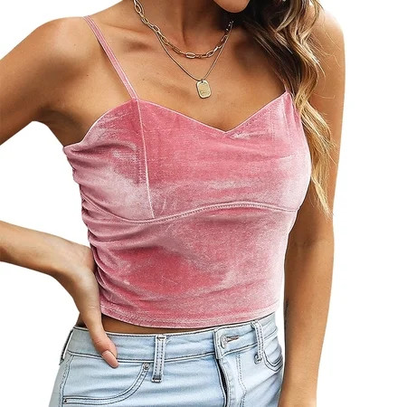 Women s Casual V Neck Cropped Top Spaghetti Strap Velvet Cami Tank Sleeveless Top Camisole | Walmart (US)