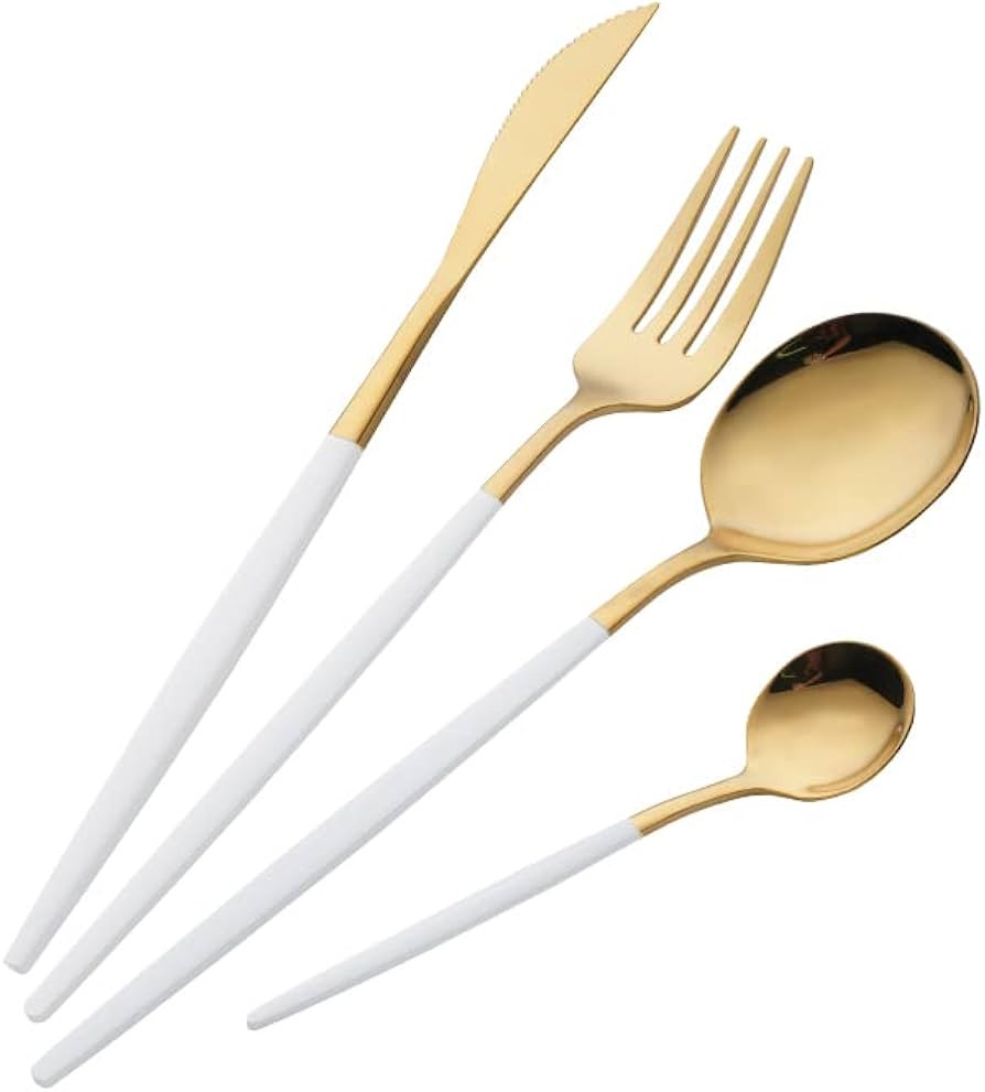 16 Piece White and Golden Cutlery Set,White Handle Knife Fork Spoon Set,White Gold Stainless Stee... | Amazon (UK)