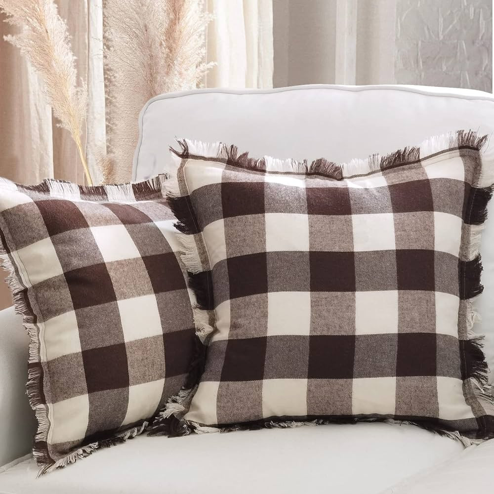 YCOLL Buffalo Plaid Pillow Covers 18x18 Set of 2,Coffee Rustic Farmhouse Decorative Pillows with ... | Amazon (US)