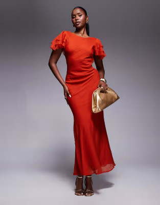 ASOS DESIGN ruffle sleeve high neck midaxi dress in red | ASOS | ASOS (Global)