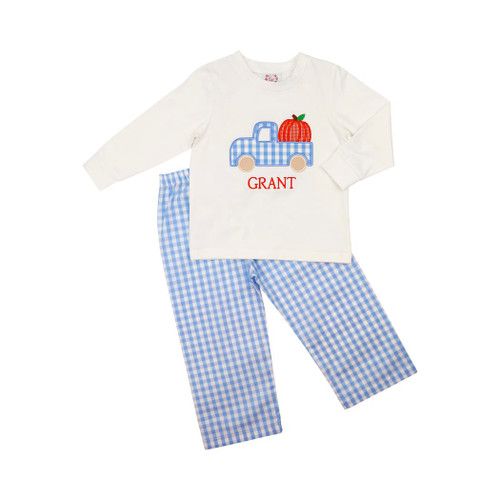 Blue Check Pumpkin Truck Pant Set | Cecil and Lou