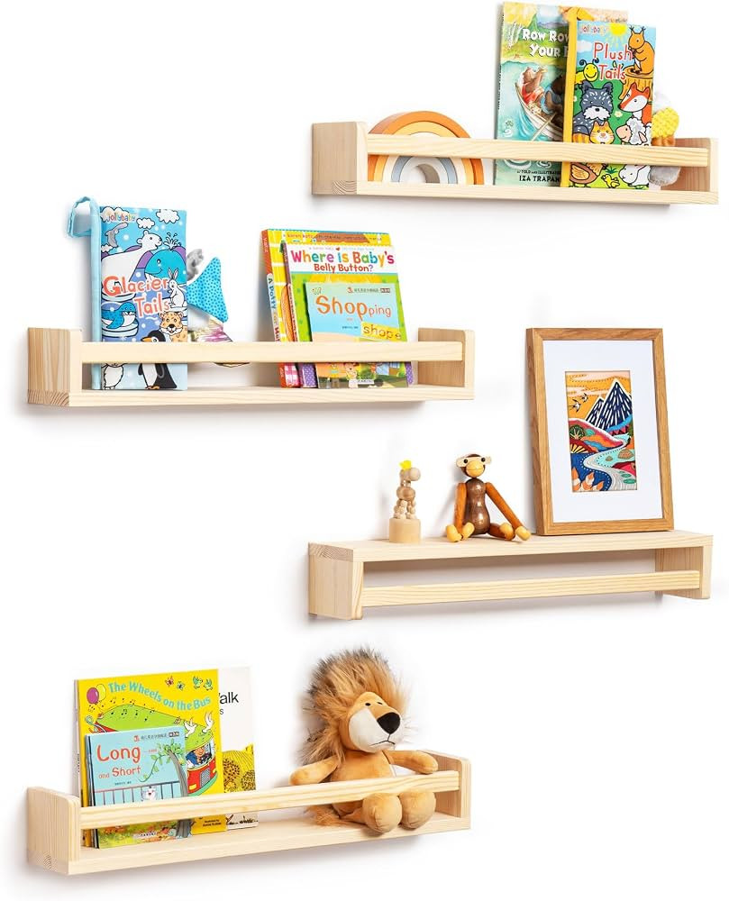 Fun Memories Nursery Book Shelves - Rustic Natural Solid Wood Floating Bookshelf for Kids - Wall ... | Amazon (US)