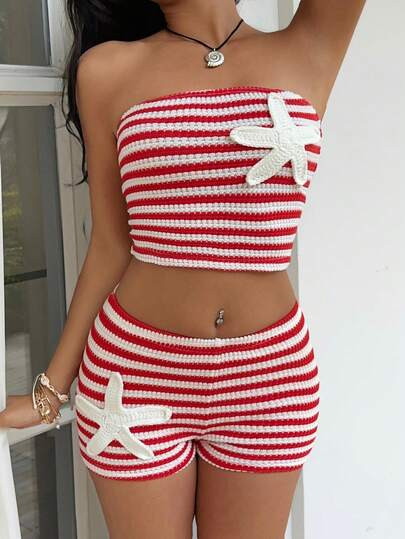 Sunnyshic Red &amp; White Striped Jacquard Knit Crop Top And High-Waisted Shorts Set, Handmade Cr... | SHEIN