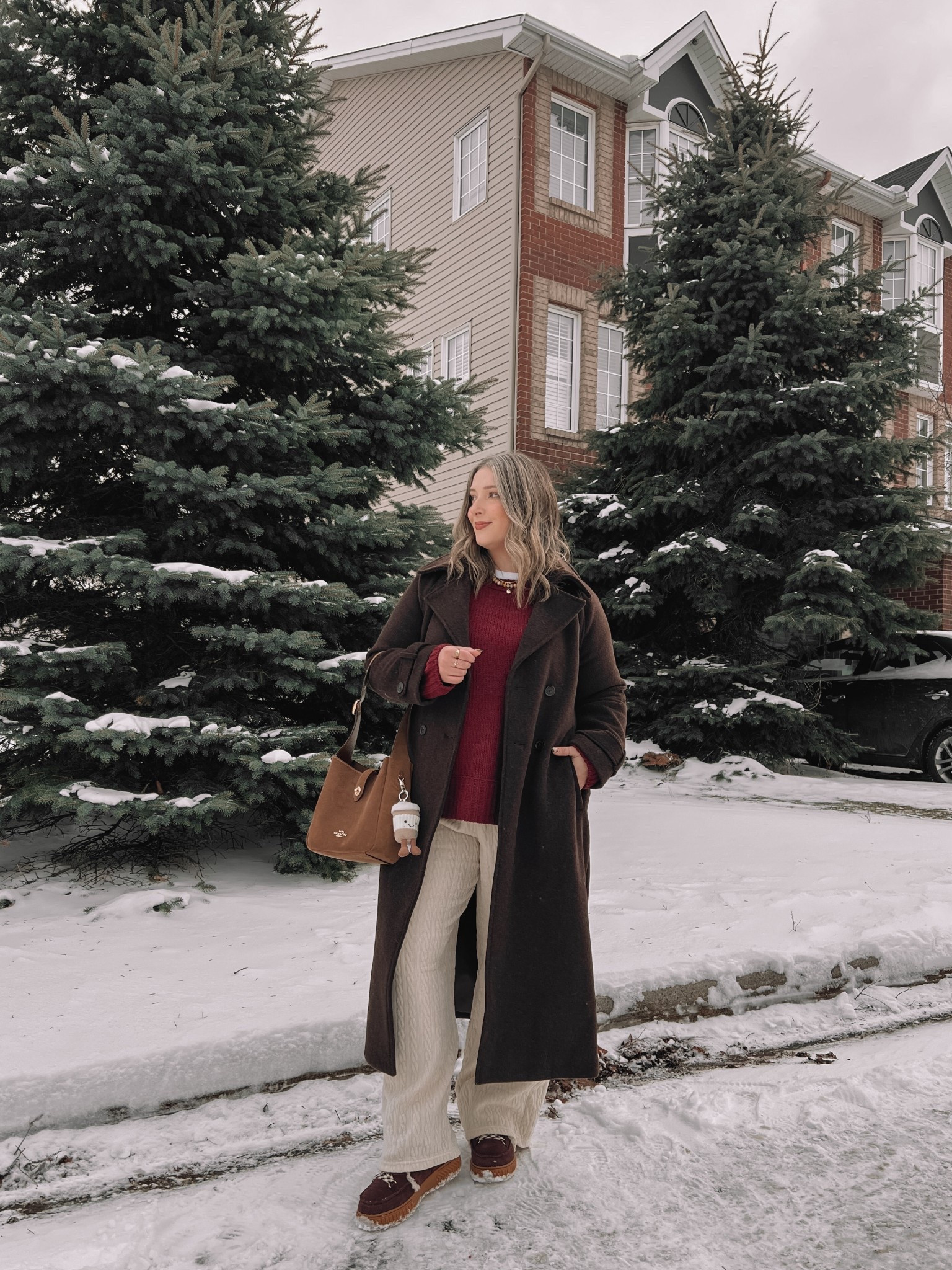 Comfy winter outfit! Cream cable knit wide leg lounge pants, wearing my usual size L. Also wearing L in the softest burgundy chenille sweater. I love the high neck on this white tee for layering! Wearing L. This chocolate brown wool trench coat is such a good winter staple piece, wearing L. My Sorel snow boots are waterproof and so warm! Consider sizing up if you plan to wear thick socks


#LTKsale #LTKmidsize #LTKwinter