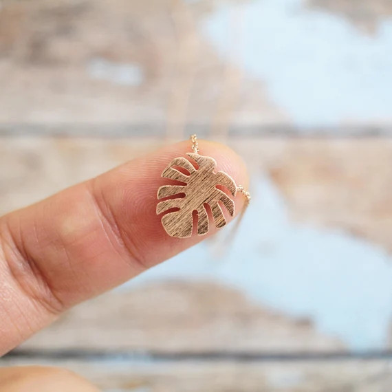 Rose Gold Monstera Leaf Necklace, Tropical Leaf Charm Necklace, Bridesmaid Gift, Minimalist Neckl... | Etsy (US)