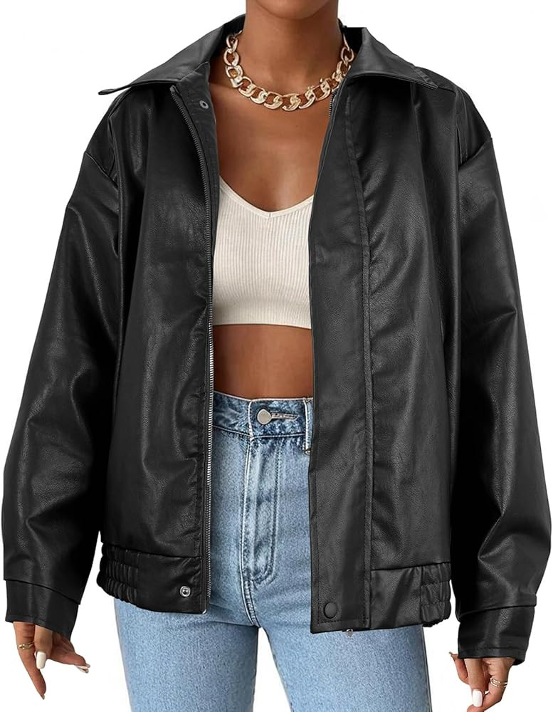 American Trends Womens Faux Leather Jacket Bomber Pleather Jacket Oversized Blazer Motorcycle Jac... | Amazon (US)