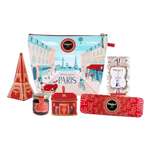 Maxim's De Paris - Bonjour Gift Pouch, Assortment of French Delicacies in a Paris Style Pouch: Chocolate, Nougat, Jam, Eiffel Tower Tin Box, Pencil Tin Box, Mini House Tin Box | Amazon (US)