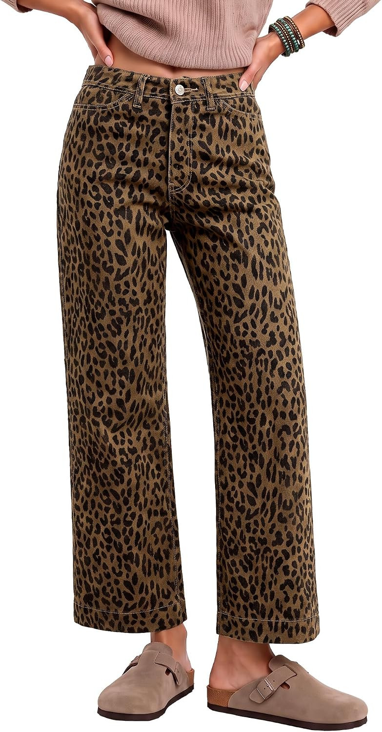 luvamia Wide Leg Jeans for Women Leopard Cheetah Print Ankle Denim Pants | Amazon (US)