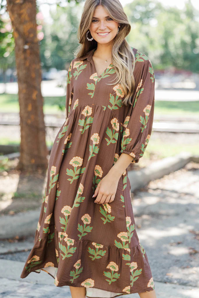A Forever Favorite Brown Floral Midi Dress | The Mint Julep Boutique