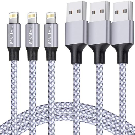 iPhone Charger, TAKAGI Lightning Cable 3PACK 6FT Nylon Braided USB Charging Cable High Speed Data... | Amazon (US)