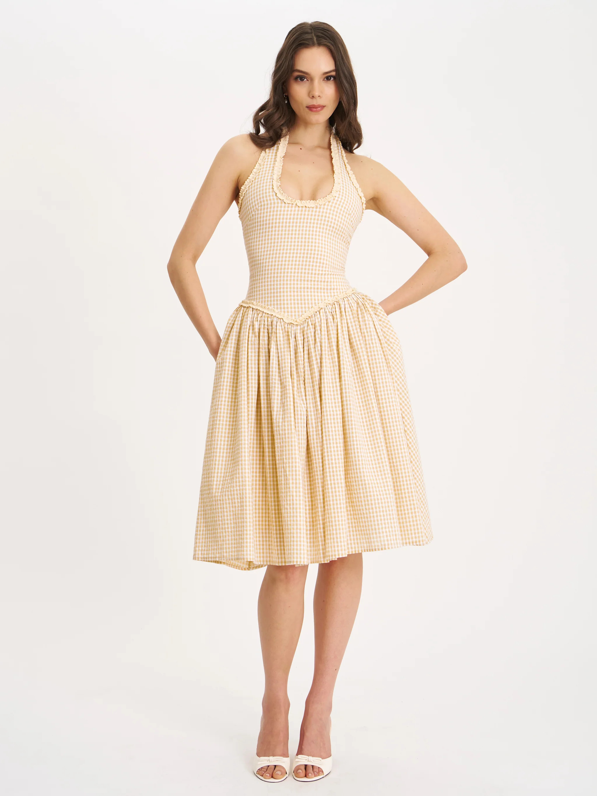 Idella Yellow Gingham U Neck Midi Dress | Miss Circle