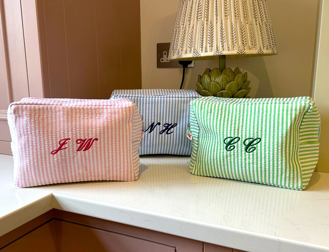 Pastel Striped Monogramed Makeup Bag, Personalized Toiletry Pouch, Embroidered Cosmetic Case, Bri... | Etsy (US)
