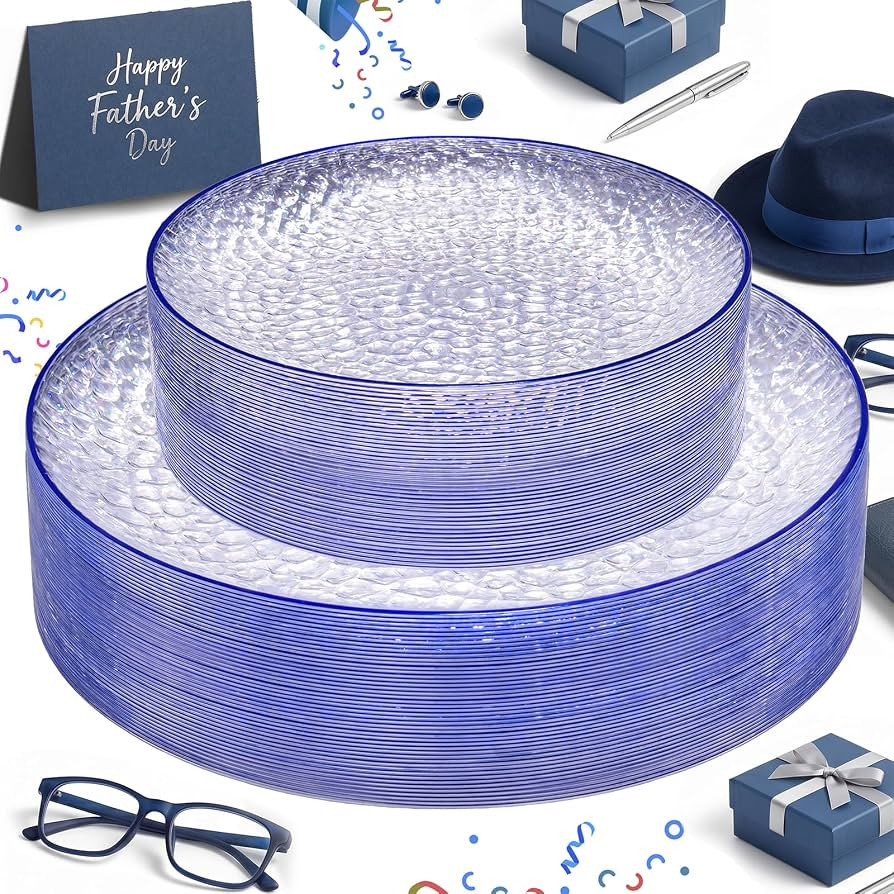 Rubtlamp 60Pcs Blue Plastic Plates, Clear Disposable Plates With Blue Rim, Fathers Day Party Plat... | Amazon (US)