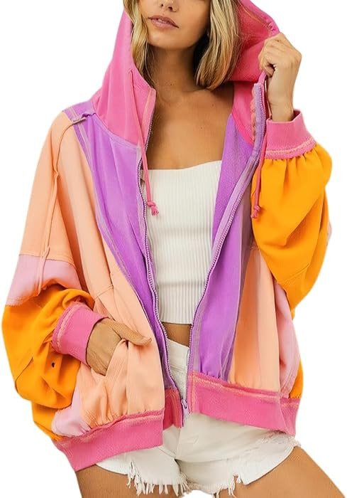 chouyatou Women's Fall Warm Color Block Zip Up Jacket Oversized Winter Casual Y2K Sweatshirt Hood... | Amazon (US)