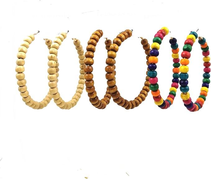 2 Pairs Minimalist Wooden Beads Big Hoop Earrings Set Vintage Wood Beaded Circle Drop Dangle Earr... | Amazon (US)