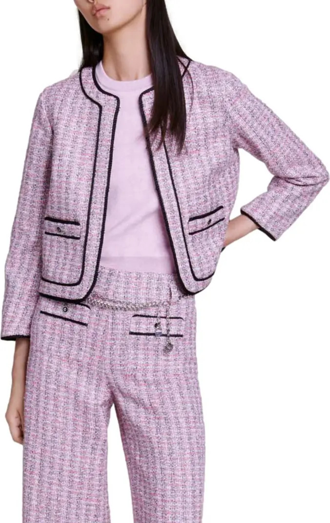 maje Vatri Tweed Tipped Open Front Jacket | Nordstrom | Nordstrom