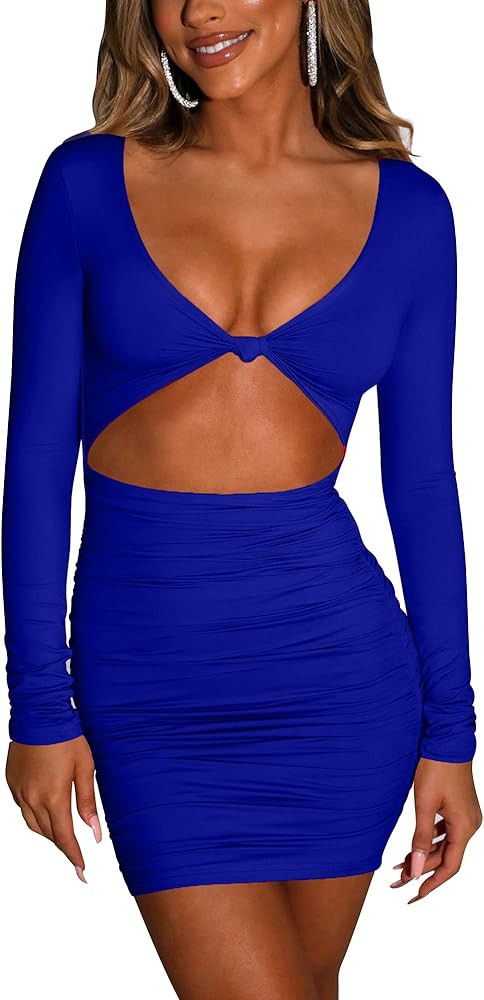 Kaximil Women's Sexy Bodycon Sleeveless Cut Out Ruched Tank Mini Club Party Dresses | Amazon (US)