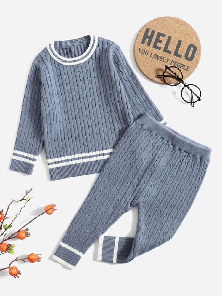 Baby Striped Trim Sweater & Cable Knit Pants | SHEIN