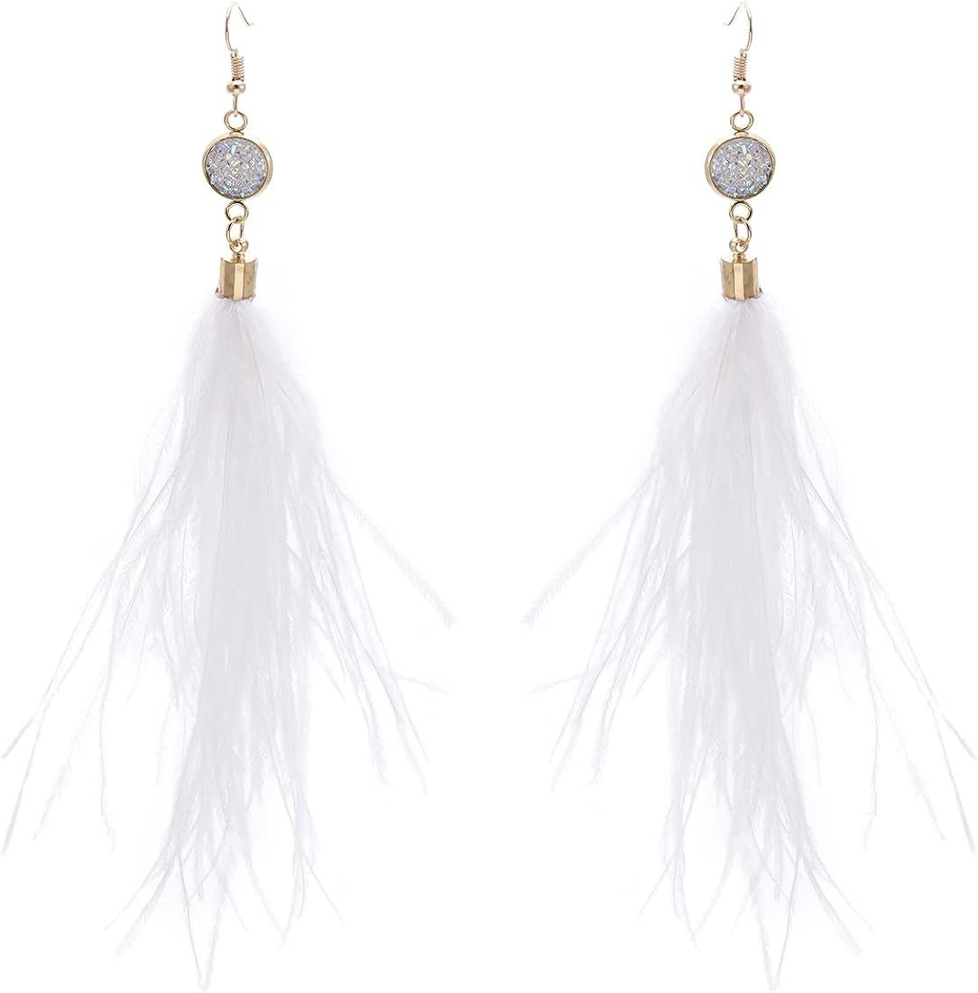RUOFFETA Long Feather Earrings for Women, Bohemian Elegant Delicate Faux Druzy Charms Dangle Earring | Amazon (US)