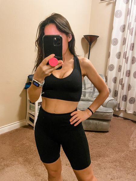 Sports bra and biker shorts for the workout. These biker shorts are really comfortable and run tts. 
Sports bra can be crisscrossed. It’s the way I like to wear it because I feel better coverage. 
Workout style 
Workout outfit 
#ltkpetite 

#LTKfindsunder100 #LTKfindsunder50 #LTKfitness