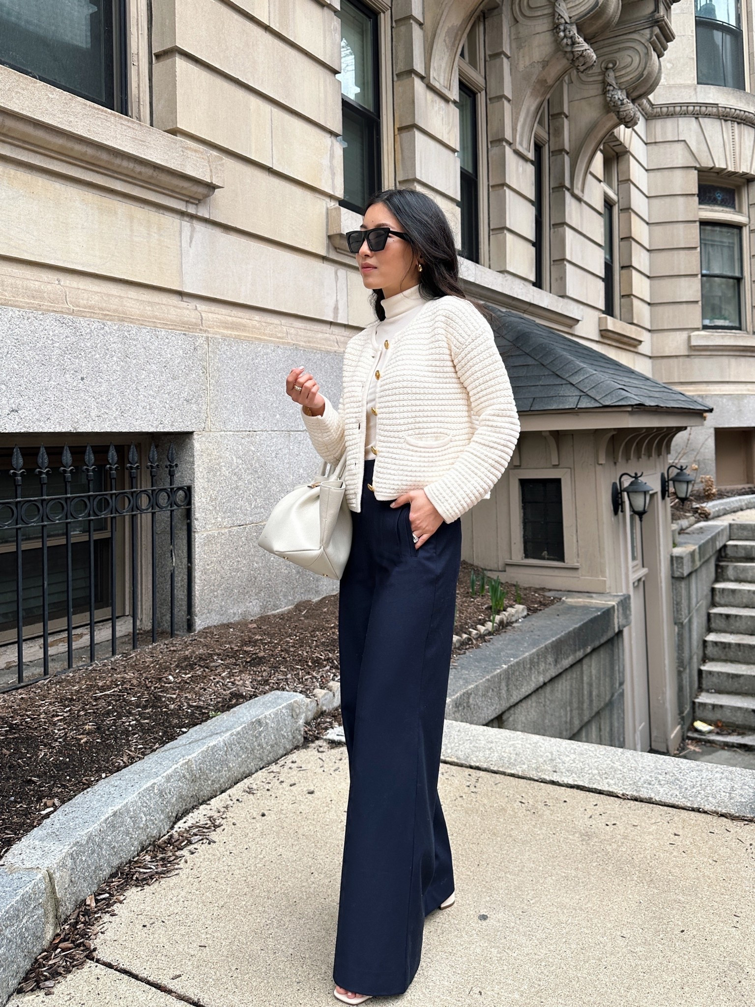 Spring outfit staples 

• chunky knit cotton cardigan jacket xxs - mine is old gap but I linked a very similar one from Nordstrom! I can fit the xxs nordstorm, sleeves run slim 

• Ann Taylor Petite Button Sailor wide-Leg Pant in night sky 00P - these are back! The waist fits a little big at my waist like all Ann Taylor pants, and requires a heel on me. The tan color is also very classic - see in my ann Taylor try ons recently 

• ann Taylor Horsebit miles sz 5

• Demellier NY midi size bag 

#LTKSeasonal #LTKWorkwear #LTKPetite