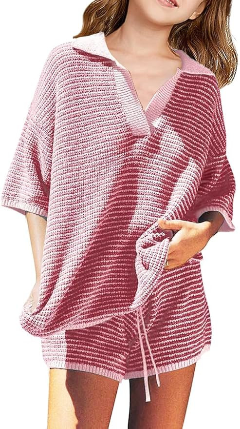 Girls 2 Piece Outfits Set Oversized Short Sleeve V Neck Knit Sweater Tops Casual Shorts Lounge Se... | Amazon (US)