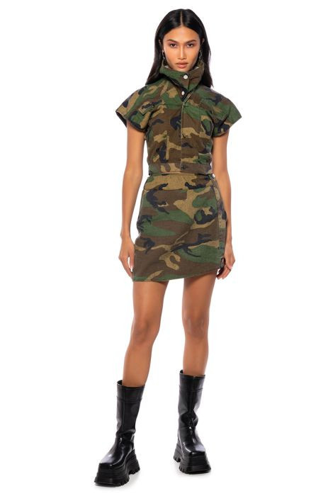 WE RIDE CAMO BUTTON DOWN AND MINI SKIRT SET IN GREEN CAMO | AKIRA