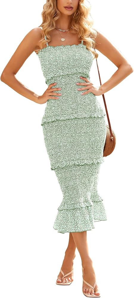 dowerme Women Summer Casual Floral Midi Smocked Bodycon Dresses Spaghetti Strap Square Neck Ruffl... | Amazon (US)