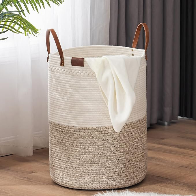 TECHMILLY Tall Laundry Basket, Large Woven Cotton Rope Dirty Clothes Hamper with Handle for Nurse... | Amazon (US)