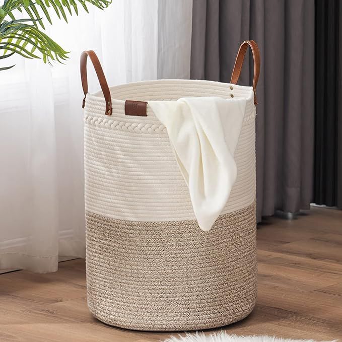 TECHMILLY Tall Laundry Basket, Large Woven Cotton Rope Dirty Clothes Hamper with Handle for Nurse... | Amazon (US)