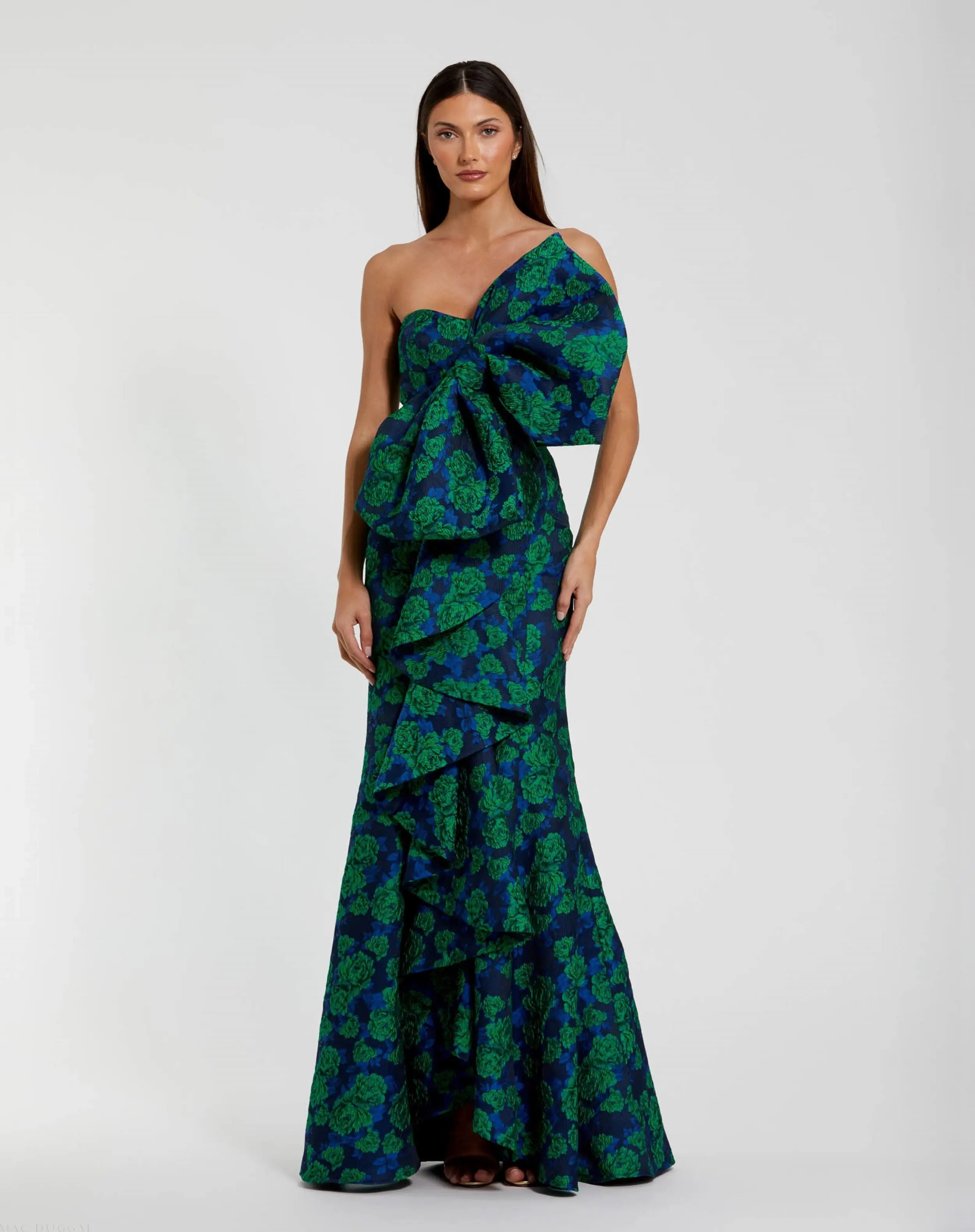 Blue and Green Strapless Brocade Fitted Gown With Oversized Bow - Mac | Mac Duggal