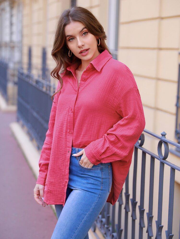 SHEIN Frenchy Drop Shoulder Solid Longline Shirt | SHEIN