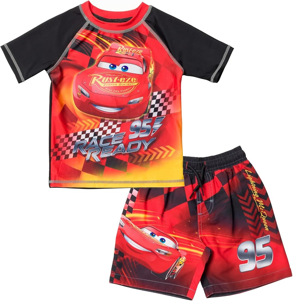Disney Cars UPF 50+ Rash Guard Shirt and Swim Trunks Outfit Set Toddler to Little Kid Sizes (2T -... | Amazon (US)