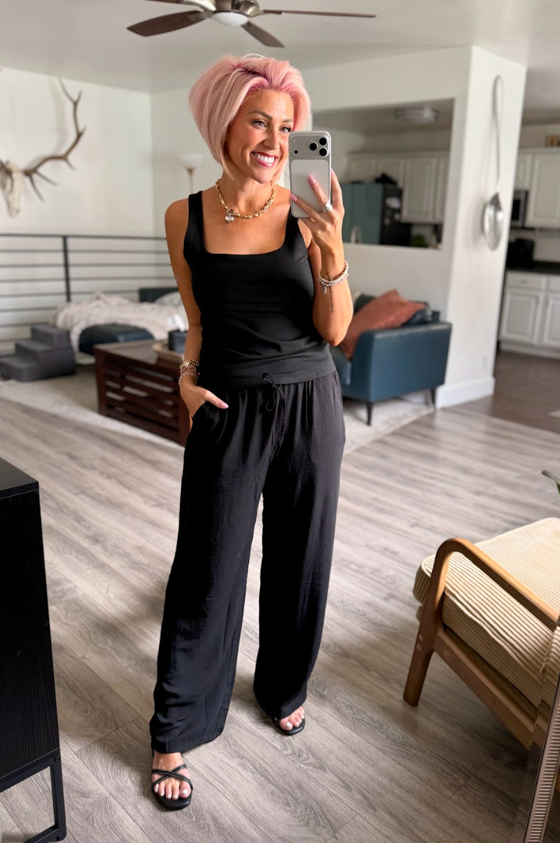 Loving this all black summer look! These pants are so light and wrinkle-free! Pants: Medium // Top: Small // Shoes: TTS 

 #LTKootd #LTKOver40 #LTKSaleAlert