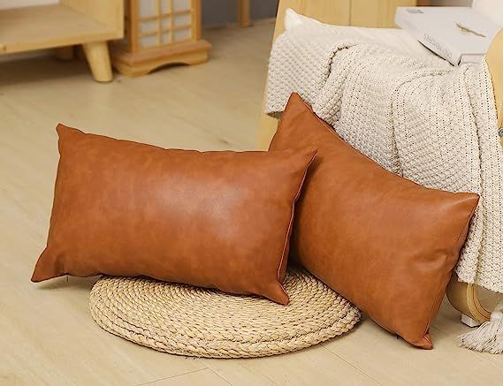 SEEKSEE 2-Pack Faux Leather Lumbar Pillow Cover 12x20 inch, Modern Country Style Decorative Lumba... | Amazon (US)